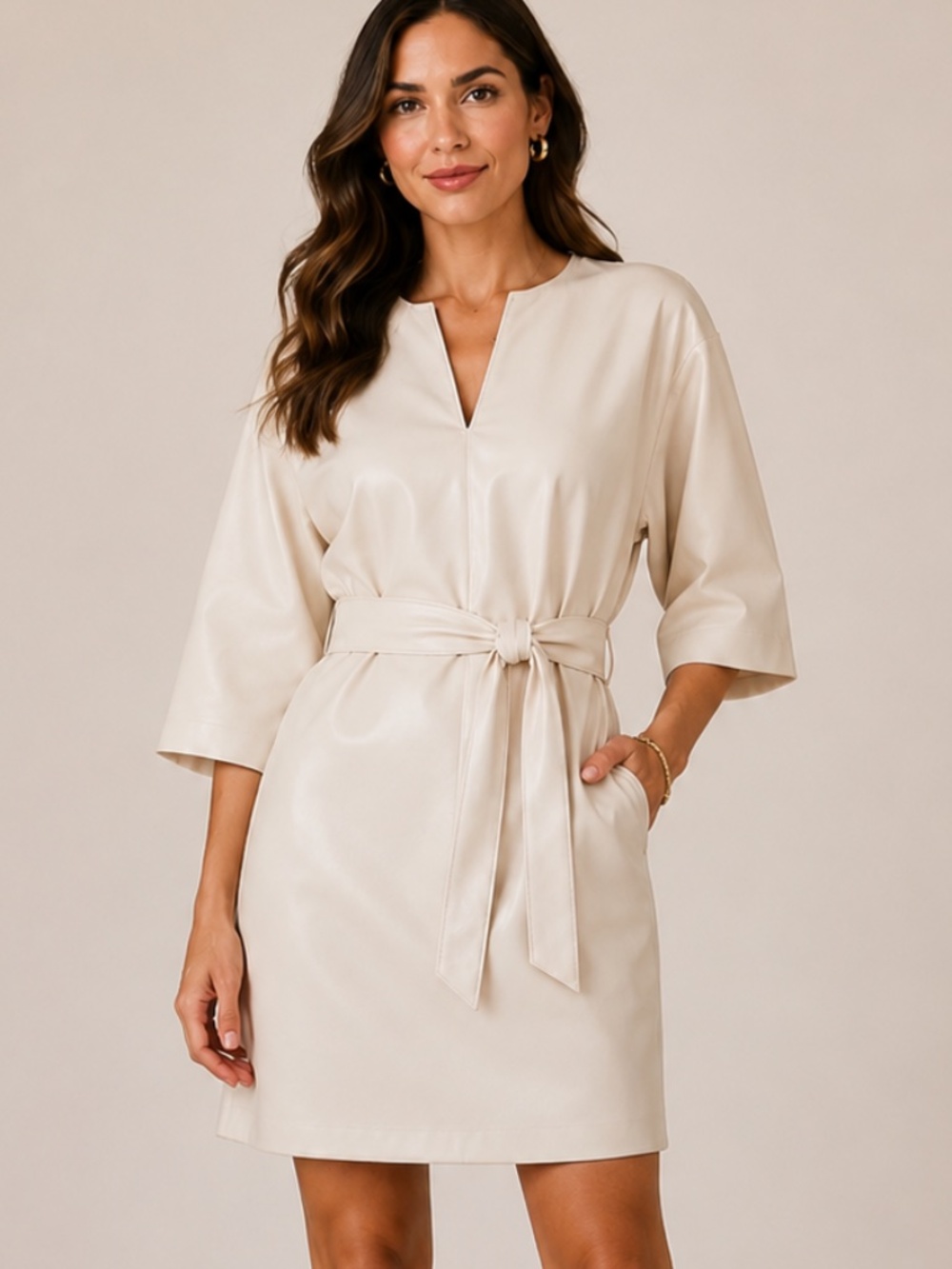 NWOT Brian Bailey - Ivory Faux Vegan Leather Dress with Self Belt - SzM